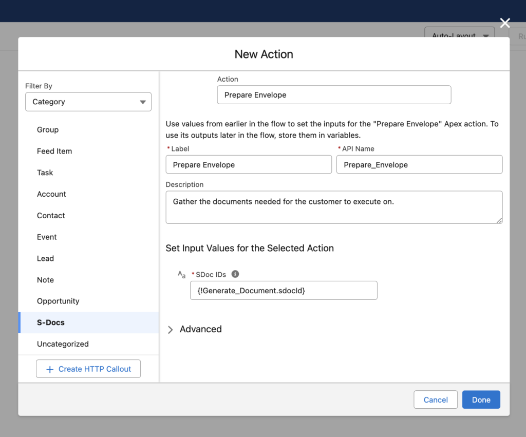 The Prepare Envelope apex action in Salesforce flow builder.